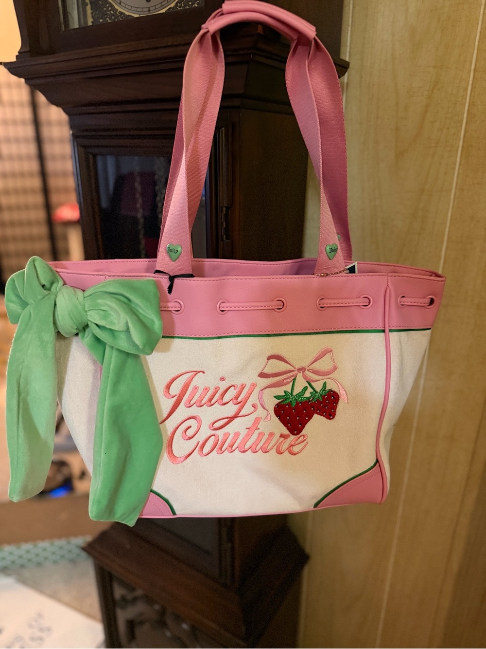 Juicy Couture Pink and White Strawberry Embroidered Tote with Green Bow